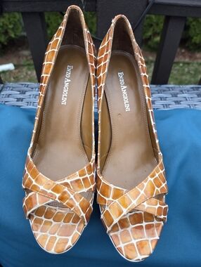 ENZO ANGIOLINI, Heels, LEATHER, Rust & White Giraffe Animal  Print Open Toe, 8.5
